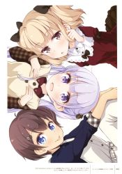 Rule 34 | 3girls, absurdres, ahoge, blonde hair, blue eyes, blush, brown eyes, brown hair, closed mouth, dress, hair ornament, hairclip, highres, iijima yun, long hair, looking at viewer, multiple girls, new game!, official art, open mouth, overalls, parted lips, purple eyes, purple hair, scan, shinoda hajime, short hair, short twintails, smile, suzukaze aoba, tokunou shoutarou, tongue, tongue out, twintails