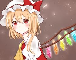 Rule 34 | 1girl, absurdres, ascot, blonde hair, blush, bow, brown background, closed mouth, collared shirt, commentary request, crystal, dress, eyes visible through hair, flandre scarlet, hair between eyes, hat, hat bow, highres, jewelry, light, looking at viewer, multicolored wings, one side up, piyoru nico, puffy short sleeves, puffy sleeves, red bow, red dress, red eyes, shirt, short hair, short sleeves, simple background, solo, touhou, upper body, white hat, white shirt, wings, yellow ascot