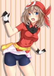 Rule 34 | 00s, 1girl, bandana, belt pouch, bike shorts, blue eyes, blush, brown hair, creatures (company), fuuma (humawww), game freak, gloves, highres, looking at viewer, may (pokemon), nintendo, open mouth, pokemon, pokemon rse, pouch, short hair, solo, twintails
