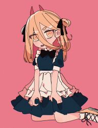 Rule 34 | 1girl, apron, black bow, black bowtie, blue dress, bow, bowtie, chainsaw man, commentary request, dress, dress grab, fangs, flipped hair, full body, hair between eyes, hair bow, hair rings, highres, horns, kneeling, light blush, light brown hair, long hair, looking at viewer, maid, mayoi zzz, nail polish, pink background, power (chainsaw man), puffy short sleeves, puffy sleeves, red horns, red nails, shoes, short eyebrows, short sleeves, simple background, sneakers, solo, straight hair, symbol-shaped pupils, thick eyebrows, tongue, tongue out, waist apron, white apron, yellow eyes, yellow footwear