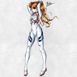 Rule 34 | 1girl, arms up, artist request, bodysuit, breasts, evangelion: 3.0+1.0 thrice upon a time, eyepatch, floating hair, full body, highres, interface headset, long hair, looking at viewer, medium breasts, neon genesis evangelion, pilot suit, plugsuit, rebuild of evangelion, simple background, solo, souryuu asuka langley, white bodysuit, wide hips