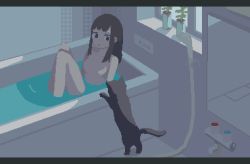Rule 34 | 1girl, animal, animated, animated gif, bathing, bathtub, black hair, breasts, cat, dithering, indoors, long hair, no nipples, nude, original, partially submerged, peco-pech, pixel art, plant, potted plant, sidelocks, small breasts, water, window