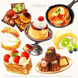 Rule 34 | almond, blueberry, butter, cake, canele, cherry, chocolate, chocolate covered strawberry, cream, cream puff, email address, english text, food, fruit, garnish, haruna macpro, highres, hotplate, ice cream, instagram username, kiwi (fruit), kiwi slice, mille-feuille, no humans, orangette, original, pancake, pixiv id, pudding, simple background, sparkle, spoon, still life, strawberry, swiss roll, syrup, twitter username, white background, wooden plate