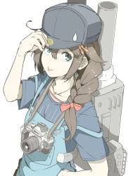Rule 34 | 10s, 1girl, alternate costume, bad id, bad pixiv id, baseball cap, black hair, black hat, blue eyes, braid, camera, cannon, hair flaps, hair over shoulder, hand on own hip, hat, jewelry, kantai collection, machinery, necklace, ninimo nimo, overalls, pocket, shigure (kancolle), shigure kai ni (kancolle), simple background, single braid, solo, sweatdrop, tongue, tongue out, white background