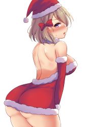 Rule 34 | 1girl, arm warmers, ass, azur lane, back, backless outfit, bare shoulders, blonde hair, blush, bow, breasts, christmas, cowboy shot, embarrassed, fur trim, hair bow, hat, highres, looking at viewer, looking back, medium breasts, mistynight, open mouth, purple eyes, santa costume, santa hat, short hair, sideboob, simple background, solo, standing, sweatdrop, white background, z23 (azur lane)