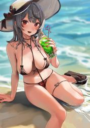 Rule 34 | 1girl, absurdres, beach, between breasts, bikini, breasts, cleavage, drink, drinking straw, grey hair, hat, highres, hololive, large breasts, looking at viewer, red bikini, red eyes, sakamata chloe, sitting, smile, solo, sun hat, swimsuit, thigh strap, thighs, urokong, virtual youtuber, water