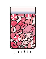 Rule 34 | 1girl, anklet, blush stickers, candy, closed mouth, coat, commentary request, copyright request, dripping, english text, eyelashes, food, frown, full body, hair ornament, hairclip, heart, heart-shaped food, heart hair ornament, in container, in jar, jewelry, knees up, lab coat, lollipop, long sleeves, midriff, miniskirt, original, pink eyes, pink hair, pink shirt, pink skirt, pink theme, shirt, shoes, short hair, simple background, sitting, skirt, sneakers, solo, terada tera, white background, white coat, white footwear