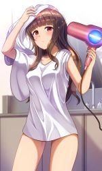 Rule 34 | 1girl, arm up, bare arms, bathroom, blunt bangs, blush, breasts, brown hair, closed mouth, commentary request, cowboy shot, drying, drying hair, expressionless, faucet, hair dryer, holding, idolmaster, idolmaster cinderella girls, indoors, kamiya nao, long hair, looking at viewer, medium breasts, mirror, no pants, red eyes, shirt, short sleeves, sidelocks, sleeves pushed up, solo, thighs, towel, white shirt, z.nov