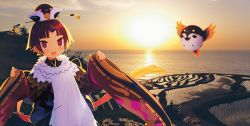 Rule 34 | 1girl, backlighting, benienma (fate), bird, bird hat, blush, breasts, brown headwear, dress, fate/grand order, fate (series), feather trim, gradient hair, harada takehito, highres, japanese clothes, kimono, long hair, long sleeves, looking at viewer, low ponytail, multicolored hair, ocean, official art, open mouth, parted bangs, red eyes, red hair, red kimono, smile, sparrow, sunset, twilight, very long hair, white dress, wide sleeves