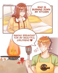 Rule 34 | 1boy, 1girl, 2koma, ^ ^, apron, artist name, bare shoulders, bed, bed sheet, brown hair, closed eyes, comic, fire, frying pan, green eyes, green shirt, highres, holding, holding spatula, long hair, long sleeves, luke pearce (tears of themis), nazzetaa, open mouth, pajamas, pillow, rosa (tears of themis), shirt, short hair, sketch, smile, spatula, tears of themis, tomato, upper body, yellow apron