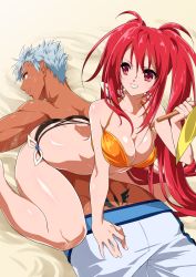 Rule 34 | ass, bare shoulders, bikini, breasts, cleavage, dark skin, grey eyes, grey hair, grin, highres, long hair, loni dunamis, midriff, nanaly fletch, open mouth, red eyes, red hair, sand, short hair, smile, swimsuit, tales of (series), tales of destiny 2, tattoo, topless, trunks, twintails, very long hair