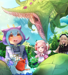 Rule 34 | 2others, 3girls, ^ ^, blonde hair, blue hair, chamber dragonmaid, closed eyes, commentary, commission, dragon girl, dragon horns, drooling, duel monster, extra eyes, garden, hat, hatano kiyoshi, highres, horns, laundry dragonmaid, maid, multiple girls, multiple others, nettles (yu-gi-oh!), nurse cap, nurse dragonmaid, open mouth, outdoors, pink eyes, pink hair, predaplant verte anaconda, saliva, skeb commission, snake, wa maid, watering, watering can, yellow eyes, you gonna get eaten, yu-gi-oh!