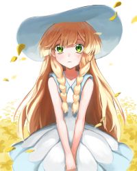 Rule 34 | 1girl, bare shoulders, blonde hair, blunt bangs, braid, closed mouth, collared dress, cowboy shot, creatures (company), dress, flat chest, flower, game freak, green eyes, hat, lillie (pokemon), long hair, looking at viewer, migumi, nintendo, own hands together, petals, pokemon, pokemon sm, sleeveless, sleeveless dress, solo, sun hat, sundress, twin braids, very long hair, white background, white dress, white hat