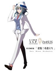 Rule 34 | 1girl, blazer, blue eyes, contemporary, formal, fullpower, ghost in the shell, ghost in the shell stand alone complex, hat, highres, jacket, merlin prismriver, necktie, shoes, silver hair, simple background, smile, solo, suit, touhou, transparent background, white background, white hat