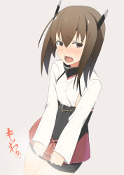 Rule 34 | 1girl, bike shorts, blush, brown eyes, brown hair, cowboy shot, dutch angle, embarrassed, fang, female focus, flat chest, grey background, have to pee, headgear, heart, japanese text, kantai collection, long sleeves, matching hair/eyes, minamimachi naname, miniskirt, nose blush, open mouth, peeing, peeing self, pleated skirt, red skirt, shirt, short hair, simple background, skirt, solo, standing, steam, taihou (kancolle), tears, translation request, white shirt