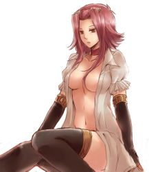 Rule 34 | 1girl, black gloves, black thighhighs, breasts, choker, collarbone, dress shirt, elbow gloves, gloves, hair ornament, izayoi aki, naked shirt, navel, oguma (rapture), open clothes, open shirt, puffy sleeves, red eyes, red hair, shirt, short hair, short sleeves, simple background, sitting, solo, thighhighs, white background, yu-gi-oh!, yu-gi-oh! 5d&#039;s