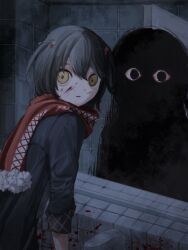 Rule 34 | 1boy, 1other, @ @, androgynous, bathroom, black coat, black eyes, black hair, blood, blood on face, bloodshot eyes, coat, faucet, hair between eyes, hair ornament, hairpin, highres, horror (theme), leaning forward, long sleeves, looking at viewer, looking back, mashiro meme, mashiro meme (1st costume), mirror, monster, nemui (nr4jk), nijisanji, open mouth, red scarf, reflection, scarf, shaded face, shadow, short hair, silhouette, sleeves pushed up, solid circle pupils, tile floor, tiles, virtual youtuber, wall, wide-eyed, yellow eyes