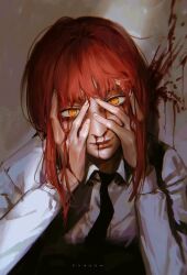 Rule 34 | 1girl, artist name, black necktie, blood, blood on clothes, blood on face, blood splatter, bloody tears, braid, braided ponytail, chainsaw man, collared shirt, face in hands, looking at viewer, makima (chainsaw man), medium hair, necktie, nosebleed, nthndn, red hair, ringed eyes, shirt, sidelocks, smile, solo, white shirt, yellow eyes
