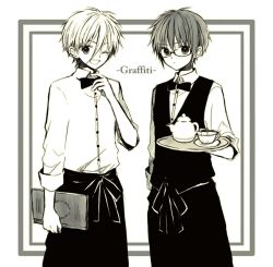 Rule 34 | 2boys, ;d, anzu (o6v6o), apron, arm at side, bow, bowtie, collared shirt, cup, genderswap, genderswap (ftm), glasses, greyscale, gumiya, hair between eyes, hand on own chest, holding, holding menu, holding tray, lio (vocaloid), looking at viewer, male focus, menu, monochrome, multiple boys, one eye closed, open mouth, outside border, saucer, shirt, sleeves rolled up, smile, teacup, teapot, tray, vest, vocaloid, waist apron, waiter
