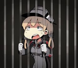 Rule 34 | 10s, 1girl, anchor hair ornament, blonde hair, dokan (dkn), green eyes, hair ornament, hat, iron bars, kantai collection, military, military uniform, peaked cap, prinz eugen (kancolle), prison, solo, sweatdrop, twintails, uniform