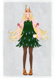 Rule 34 | 1girl, absurdres, blonde hair, boots, christmas, christmas tree costume, facial mark, fate/grand order, fate (series), forehead mark, full body, highres, horn ornament, horns, ibaraki douji (fate), long hair, mame cs5, oni, pantyhose, pointy ears, smile, solo, yellow eyes