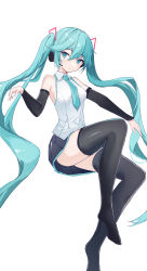 Rule 34 | 1girl, absurdres, bare shoulders, black skirt, black sleeves, black thighhighs, blue eyes, blue hair, blue necktie, closed mouth, collared shirt, detached sleeves, floating hair, hair between eyes, hair ornament, hatsune miku, hatsune miku (vocaloid4), headphones, headset, highres, long hair, long sleeves, looking at viewer, microphone, miniskirt, necktie, pleated skirt, shiny clothes, shiny legwear, shirt, simple background, skirt, sleeveless, sleeveless shirt, solo, thighhighs, twintails, umiaaaaa, very long hair, vocaloid, white background, white shirt, wing collar, zettai ryouiki
