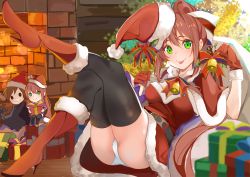 Rule 34 | 1girl, :p, absurdres, ass, bell, black thighhighs, boots, box, breasts, brown hair, chibi, christmas, christmas tree, doki doki literature club, dress, fireplace, gift, gift box, gloves, green eyes, hat, high heel boots, high heels, highres, looking at viewer, monika (doki doki literature club), panties, pantyshot, ponytail, red footwear, red gloves, red ribbon, ribbon, santa boots, santa costume, santa dress, santa gloves, santa hat, second-party source, short dress, thighhighs, thighs, tongue, tongue out, underwear, white panties, white ribbon, xhunzei