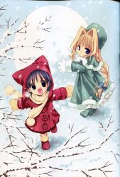 Rule 34 | absurdres, animal hat, artbook, bow, braid, buttons, earflap hat, frills, gloves, hair bow, hair intakes, hat, highres, jacket, kishou seireiki, mittens, nanase aoi, red footwear, red jacket, scarf, seven colors of the wind, shoes, snow, snowflakes, snowing, socks, tree, winter clothes