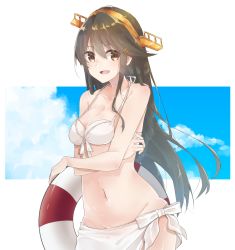 Rule 34 | 1girl, bikini, black hair, blue sky, breasts, cleavage, cloud, collarbone, cowboy shot, day, front-tie top, groin, hair ornament, hairband, hairclip, haruna (kancolle), headgear, highres, kantai collection, lifebuoy, long hair, looking at viewer, navel, open mouth, sarong, sky, small breasts, smile, solo, swim ring, swimsuit, u yuz xx, white background, white bikini