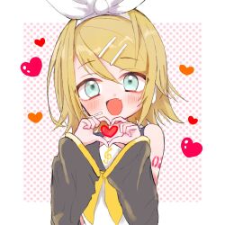 Rule 34 | 1girl, :d, aqua eyes, bare shoulders, black sailor collar, black sleeves, blonde hair, blush, bow, detached sleeves, fang, hair bow, hair ornament, hairclip, headphones, headset, heart, heart hands, highres, kagamine rin, looking at viewer, neckerchief, nnc225, number tattoo, open mouth, pink background, polka dot, polka dot background, sailor collar, shirt, short hair, shoulder tattoo, skin fang, sleeveless, sleeveless shirt, smile, solo, swept bangs, tattoo, treble clef, vocaloid, white bow, yellow neckerchief