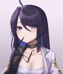 Rule 34 | 1girl, ahoge, bandages, blue eyes, blue hair, blush, breasts, chest sarashi, cleavage, collarbone, colored inner hair, commentary request, glasses, hair between eyes, highres, indie virtual youtuber, jacket, kson, lesu, long hair, looking at viewer, mouth hold, multicolored hair, open clothes, open jacket, purple background, purple hair, sarashi, solo, souchou, unworn eyewear, upper body, virtual youtuber