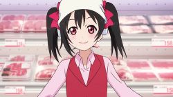 10s 1girl animated animated_gif black_hair food love_live! love_live!_school_idol_project lowres meat nico_nico_nii red_eyes twintails yazawa_nico