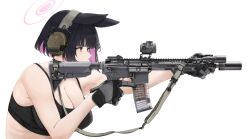 Rule 34 | 1girl, aiming, animal ears, armpits, assault rifle, black gloves, black hair, black sports bra, blue archive, breasts, cat ears, cleavage, colored inner hair, commentary, ear protection, english commentary, fte (fifteen 199), gloves, gun, gun sling, halo, highres, holding, holding gun, holding weapon, kazusa (blue archive), large breasts, looking ahead, military, multicolored hair, pink hair, rifle, short hair, simple background, solo, sports bra, two-tone hair, upper body, weapon, white background