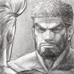 Rule 34 | 2boys, beard, character request, facial hair, forked eyebrows, frown, graphite (medium), greyscale, headband, kuroneco, male focus, monochrome, multiple boys, muscular, muscular male, mustache, ryu (street fighter), serious, short hair, solo focus, street fighter, thick eyebrows, thick neck, traditional media