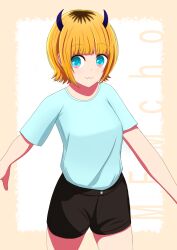 Rule 34 | 1girl, :3, black shorts, blonde hair, blue eyes, blue shirt, border, breasts, character name, closed mouth, commentary request, cowboy shot, demon horns, highres, horns, ibispaint (medium), looking at viewer, mem-cho, multicolored hair, nm (blue-rapid), no pupils, oshi no ko, roots (hair), shadow, shirt, short sleeves, shorts, sidelocks, small breasts, smile, solo, white background, yellow border