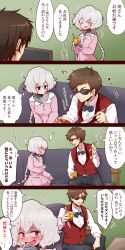 Rule 34 | 1boy, 1girl, blush, bow, bowtie, brown hair, coach, comic, commentary request, couch, curry, food, grey hair, highres, holding, holding spoon, jacket, konno junko, on couch, pajamas, red eyes, short hair, sitting, smile, spoon, sunglasses, tatsumi koutarou, translation request, yonedatomo mizu, zombie land saga