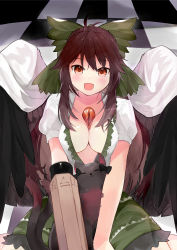 Rule 34 | 1girl, absurdres, arm cannon, barefoot, bird wings, black bow, black wings, blouse, blush, bow, breasts, brown eyes, brown hair, cape, cat, cleavage, closed eyes, collared shirt, commentary request, control rod, fang, frilled skirt, frills, full body, green bow, green skirt, hair bow, highres, kaenbyou rin, kaenbyou rin (cat), large breasts, long hair, looking at viewer, nekomata, niseneko (mofumofu ga ienai), open mouth, puffy short sleeves, puffy sleeves, reiuji utsuho, shirt, short sleeves, sitting, skin fang, skirt, smile, third eye, touhou, wariza, weapon, white cape, white shirt, wings