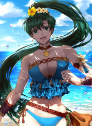 Rule 34 | 1girl, armband, asymmetrical bangs, bag, bare shoulders, beach, belt, bikini, blue bikini, blue sky, breasts, cleavage, cleavage cutout, clenched hand, clothing cutout, cloud, cloudy sky, collarbone, commentary request, day, delsaber, earrings, female focus, fire emblem, fire emblem: the blazing blade, fire emblem heroes, flower, green eyes, green hair, hair flower, hair ornament, hand up, happy, hibiscus, highres, jewelry, large breasts, lips, long hair, looking at viewer, lower teeth only, lyn (fire emblem), lyn (summer) (fire emblem), matching hair/eyes, midriff, navel, neck, necklace, nintendo, ocean, official alternate costume, open mouth, outdoors, ponytail, shade, side-tie bikini bottom, simple background, sky, smile, solo, sparkle, splashing, standing, stomach, strapless, strapless bikini, swimsuit, teeth, upper teeth only, very long hair, water, water drop, wet, white flower, wristband, yellow flower