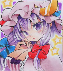 Rule 34 | 1girl, blue bow, blush, book, bow, breasts, crescent, crescent hat ornament, dress, hair bow, hat, hat ornament, head tilt, huge breasts, long hair, looking at viewer, maccha xxxxxx, marker (medium), mob cap, open book, patchouli knowledge, pink hat, purple eyes, purple hair, red bow, simple background, solo, striped clothes, striped dress, touhou, traditional media, upper body