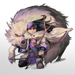 Rule 34 | 1girl, ainu clothes, asirpa, bandana, black hair, blue eyes, boots, bow (weapon), coat, dog, fur boots, fur coat, golden kamuy, hieumay, holding, holding weapon, long hair, on one knee, patterned clothing, quiver, retar, sharp teeth, smile, stick, teeth, weapon