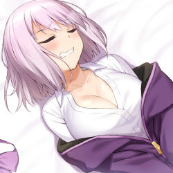 Rule 34 | 10s, 1girl, bad id, bad pixiv id, bed sheet, blush, bow, breasts, cccpo, cleavage, clenched teeth, closed eyes, collared shirt, dress shirt, dutch angle, facing viewer, gridman universe, hood, hoodie, implied sex, jacket, large breasts, lying, medium breasts, off shoulder, on back, on bed, pink hair, purple bow, purple hair, purple jacket, shinjou akane, shirt, short hair, solo, ssss.gridman, sweat, teeth, white shirt