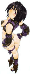 Rule 34 | 1girl, absurdres, armor, ass, black hair, detached sleeves, eclair (power play), female focus, from above, from behind, full body, hands on own hips, high heels, highres, jitome, looking back, open shoes, panties, power play (comic), purple eyes, shoes, short hair, simple background, solo, thigh strap, thong, toes, underwear, white background, yamatogawa