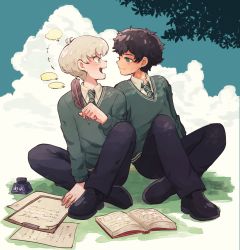 Rule 34 | 2boys, albus severus potter, amazou, black hair, blonde hair, blue eyes, book, eye contact, green eyes, harry potter (series), harry potter and the cursed child, highres, hogwarts school uniform, holding, holding quill, ink bottle, inkwell, looking at another, multiple boys, necktie, paper, quill, school uniform, scorpius malfoy, short hair, sitting, slytherin, smile, wizarding world