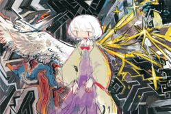 Rule 34 | 1girl, abstract, abstract background, bird wings, bow, bowtie, collared dress, colorful, dress, expressionless, hito (nito563), kishin sagume, long sleeves, purple dress, red bow, red bowtie, red eyes, short hair, single wing, solo, touhou, white hair, white wings, wide sleeves, wings