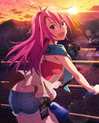 Rule 34 | 10s, 1girl, breasts, female focus, hair down, idolmaster, idolmaster million live!, kawakami tetsuya, long hair, looking at viewer, maihama ayumu, multicolored hair, musical note, open mouth, outdoors, pink eyes, pink hair, shorts, small breasts, smile, solo, sunset
