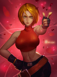 Rule 34 | 1girl, abs, alternate eye color, baggy pants, bare shoulders, belt, blonde hair, blue eyes, blue mary, breasts, crop top, denim, fatal fury, fingerless gloves, foreshortening, gloves, green eyes, halterneck, hand on own hip, highres, jeans, large breasts, midriff, narrow waist, navel, pants, pointing, short hair, snk, solo, straight hair, the king of fighters, wide hips, xiaoguimist