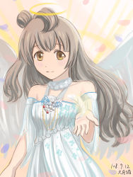 Rule 34 | 1girl, aqua dress, aqua skirt, artist name, artist request, bare shoulders, blush, brown eyes, brown hair, dress, feathers, female focus, halo, hand out, highres, light brown hair, long hair, looking at viewer, love live!, love live! school idol project, minami kotori, petals, skirt, smile, solo, sunrise, white dress, white feathers