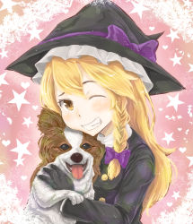 Rule 34 | 1girl, animal, black coat, black gloves, blonde hair, blouse, blush, bow, braid, coat, commentary request, cookie (touhou), dog, dog request, frilled hat, frills, gloves, grin, haiperion buzan, hair between eyes, hat, hat bow, highres, holding, holding animal, holding dog, kirisame marisa, long hair, long sleeves, looking at viewer, one eye closed, pink background, purple bow, rei (cookie), shirt, side braid, single braid, smile, solo, star (symbol), touhou, turtleneck, upper body, white shirt, yellow eyes
