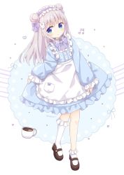 Rule 34 | 1girl, :o, apron, asymmetrical legwear, beamed sixteenth notes, black footwear, blue dress, blush, bow, coffee, commentary request, cup, double bun, dress, frilled apron, frilled hairband, frilled kneehighs, frilled sleeves, frills, full body, grey hair, hair bow, hair bun, hair ornament, hairband, highres, kneehighs, long sleeves, looking at viewer, maid, musical note, nakkar, original, parted lips, puffy long sleeves, puffy sleeves, purple bow, purple hairband, rabbit hair ornament, shoes, single kneehigh, single sock, sleeves past wrists, socks, solo, standing, standing on one leg, twitter username, white apron, white socks