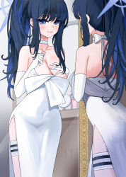 Rule 34 | 1girl, 82jhin, absurdres, ass, black hair, blue archive, blue eyes, blue hair, breasts, choker, cleavage, collarbone, commentary request, cosmetics, covered navel, dress, elbow gloves, full-length mirror, gloves, halo, highres, large breasts, long hair, looking at mirror, mirror, multicolored hair, official alternate costume, partial commentary, ponytail, reflection, saori (blue archive), saori (dress) (blue archive), strapless, strapless dress, thigh strap, two-tone hair, very long hair, white choker, white dress, white gloves